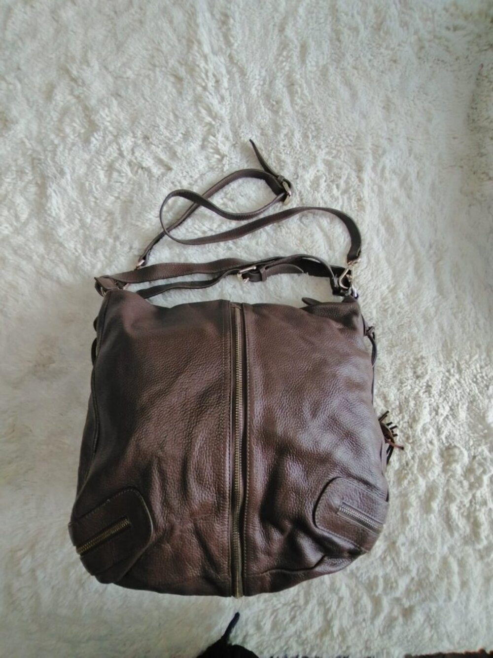 Foley & Corinna Taupe Brown Pebbled Leather Slouchy Hobo Crossbody Tassel Bag